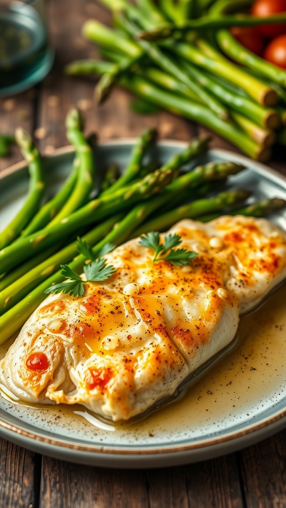 Delicious garlic butter tilapia with sautéed asparagus, garnished with parsley, on a rustic dining table.